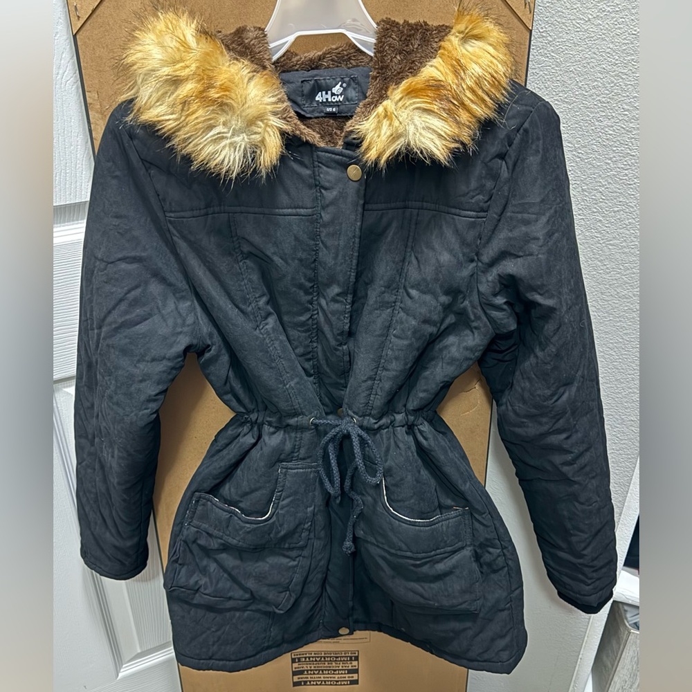 Women's Black Utility Jacket with Faux Fur Trim